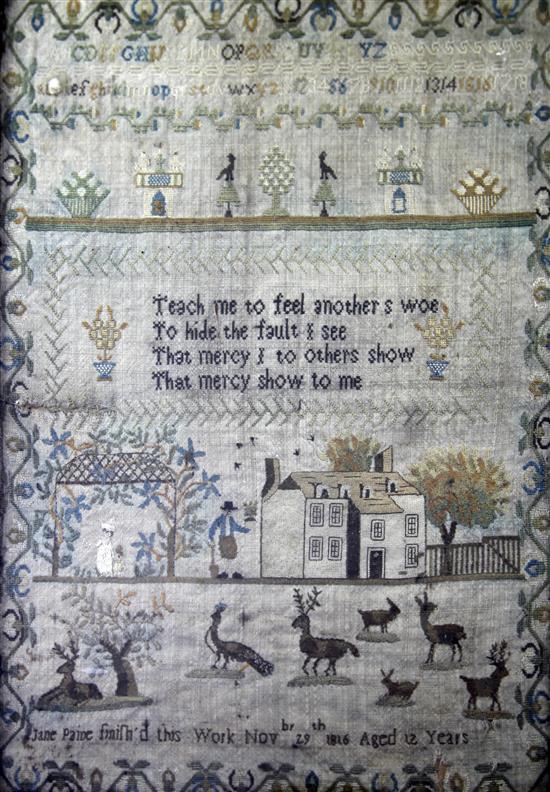 A Regency needlework sampler, overall 19.5 x 15.5in.